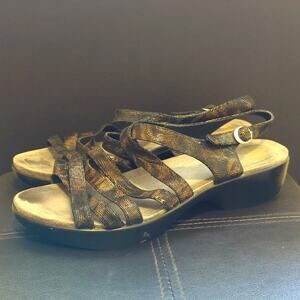 Dansko Dani Leather Bronze Snakeskin Print Strappy Slingback Comfy Wedge Sandals